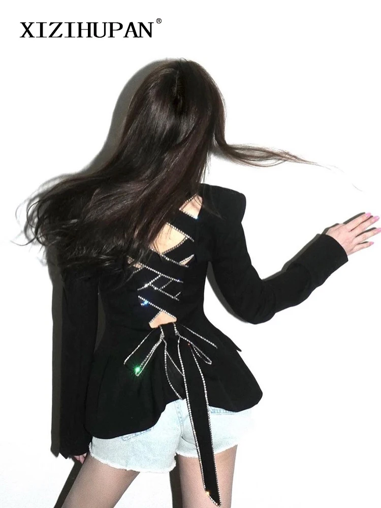 XIZIHUPAN High Street Cut Out Black Blazer For Women Notched Collar Long Sleeve Solid Minimalist Blazers Female Spring Fashion