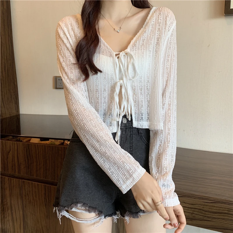 

All-match Cardigan Women Daily Summer Sunproof Chic Cropped Cardigans Fashion White Simple Cute Top Harajuku Lace Up Elegant New