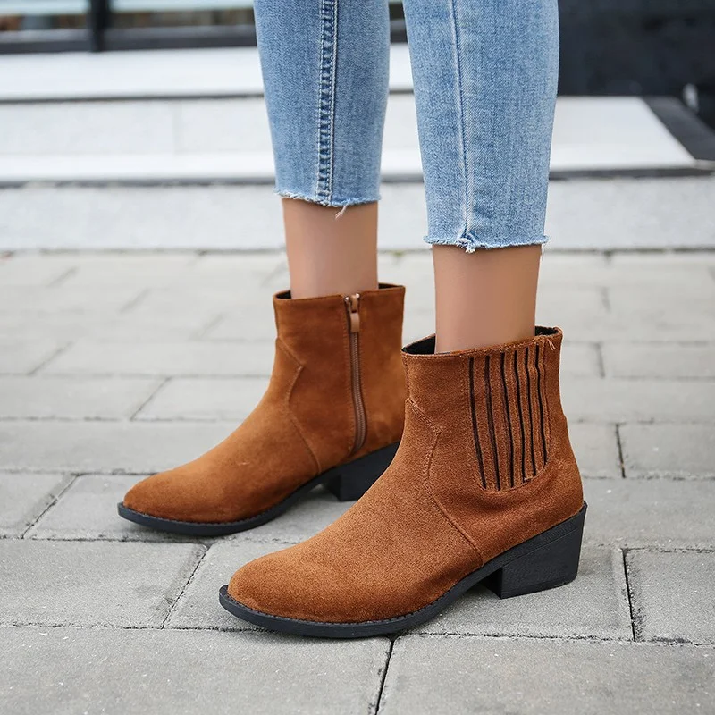 Plus Size 43 Women's Boots Suede Pointed Toe Ankle Boots Casual Mid Heel Shoes Ladies Autumn Winter Zip Up Shoes Botas Mujer New