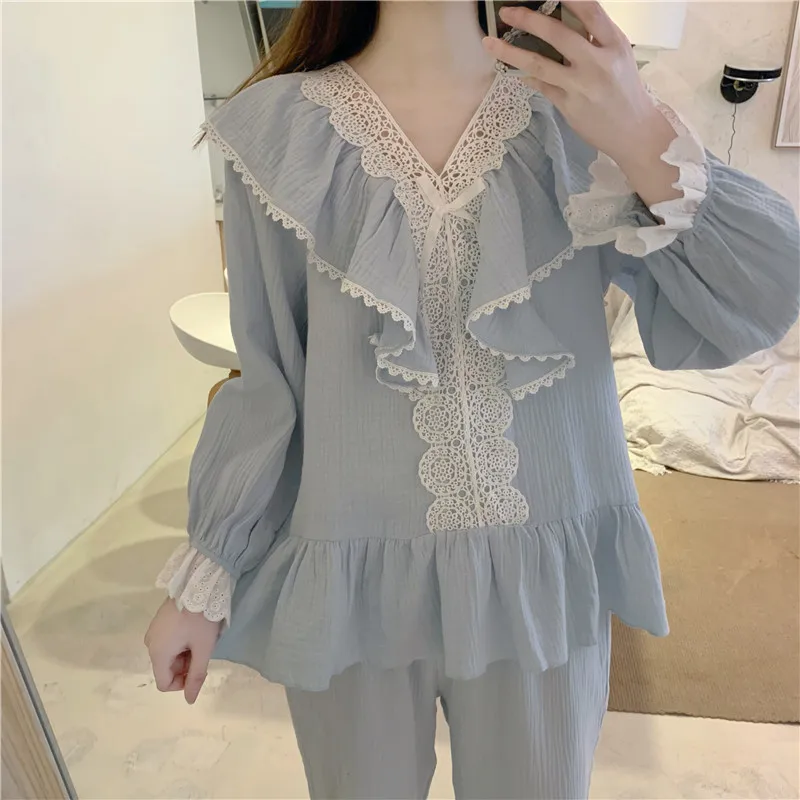 Court Style 2 Piece Set Pajamas Kawaii Women Autumn New Lace Long Sleeve Comfortable Sleepwear V-Neck Cotton Home Wear