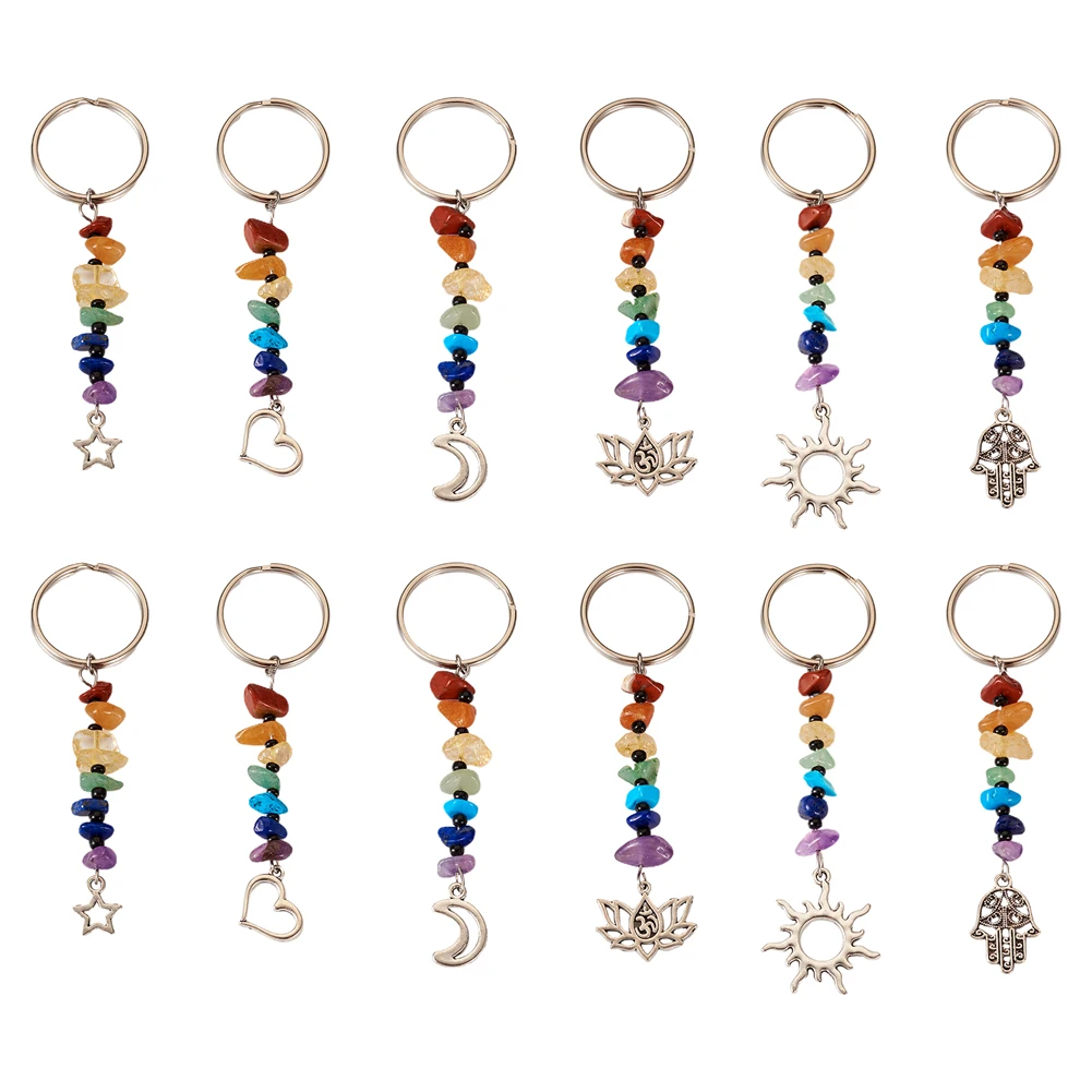 

24Pcs Natural Stone Chips Keychains Alloy Charms Keychains with Iron Key Rings Star/Moon/Heart/Hamsa Hand/Flower/Sun Craft