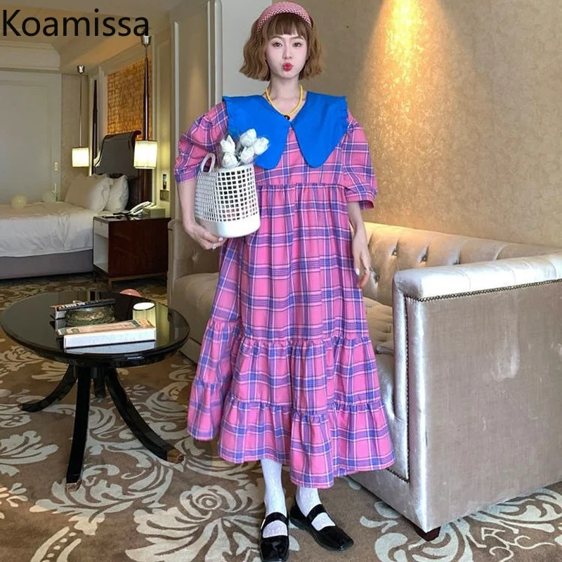 

Koamissa Women Long Dress Sweet Peter Pan Collar Puff Sleeve Female Causal Loose Stright Dresses Korean Retro Lady Robe De Mujer