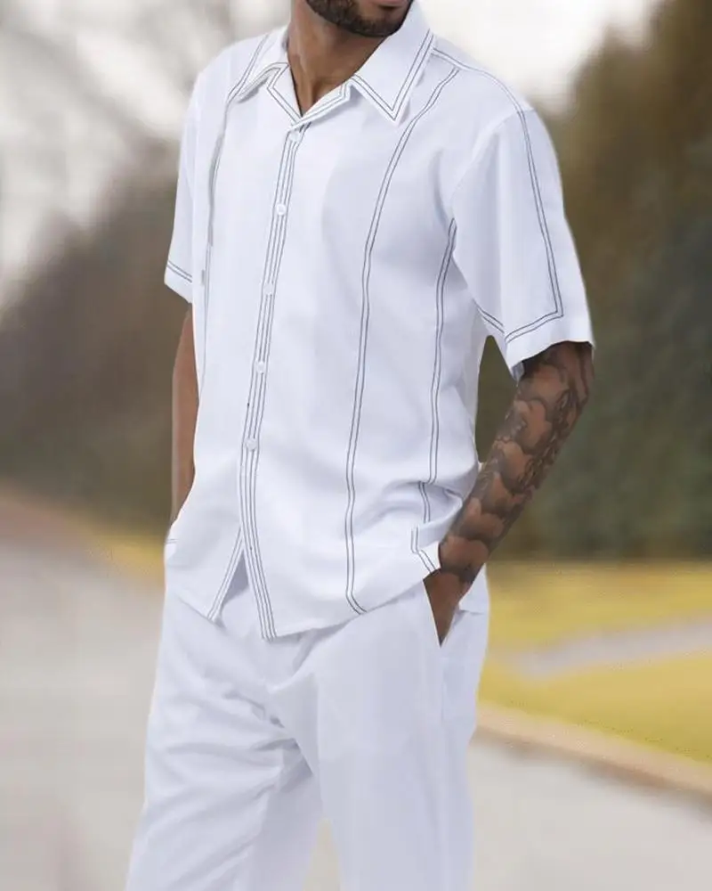 2023 Summer Hawaiian Beach Line Printed Men's Two-piece Fashion Casual Short-sleeved Shirt Suit Pants Party Suit S-4XL Pants