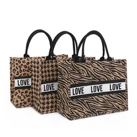 women summer luxury jute handbags for beach vintage swallow gird printing shoulder bags daily use female leopard shopping tote