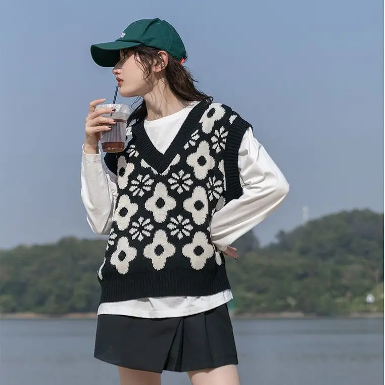 Women Knitted Vest Korean Style Sweater Unif Waistcoat Top Pullovers Waistcoats Sleeveless Simple All-match Female Jumper |