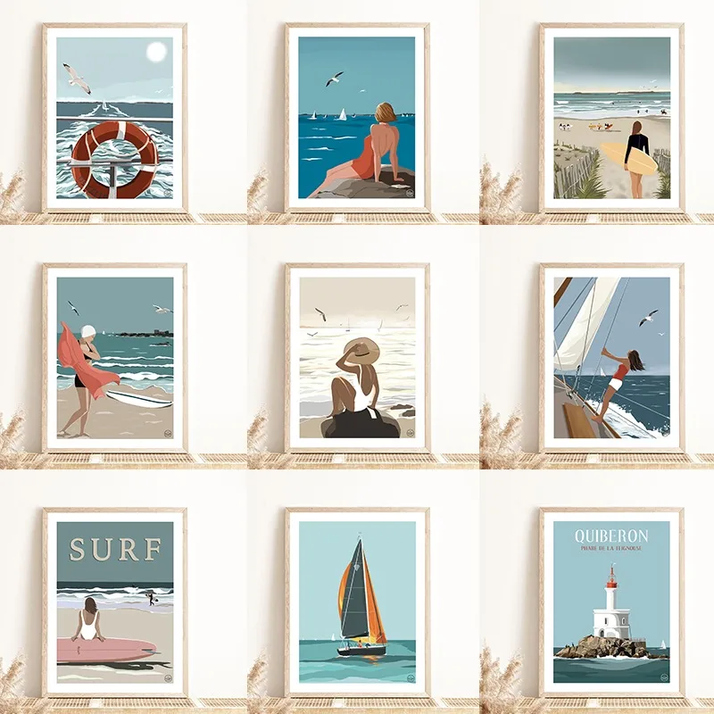 Плакаты и принты для пляжа серфинга девушка маяк парусник берег чайки холст