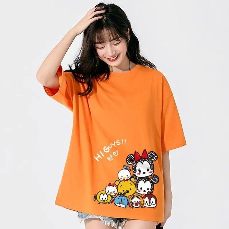 Kawaii Disney Anime Mickey Mouse Pooh Bear Donald Duck Summer Cotton Style Short-Sleeved Girls Go Out Versatile T-Shirt Top