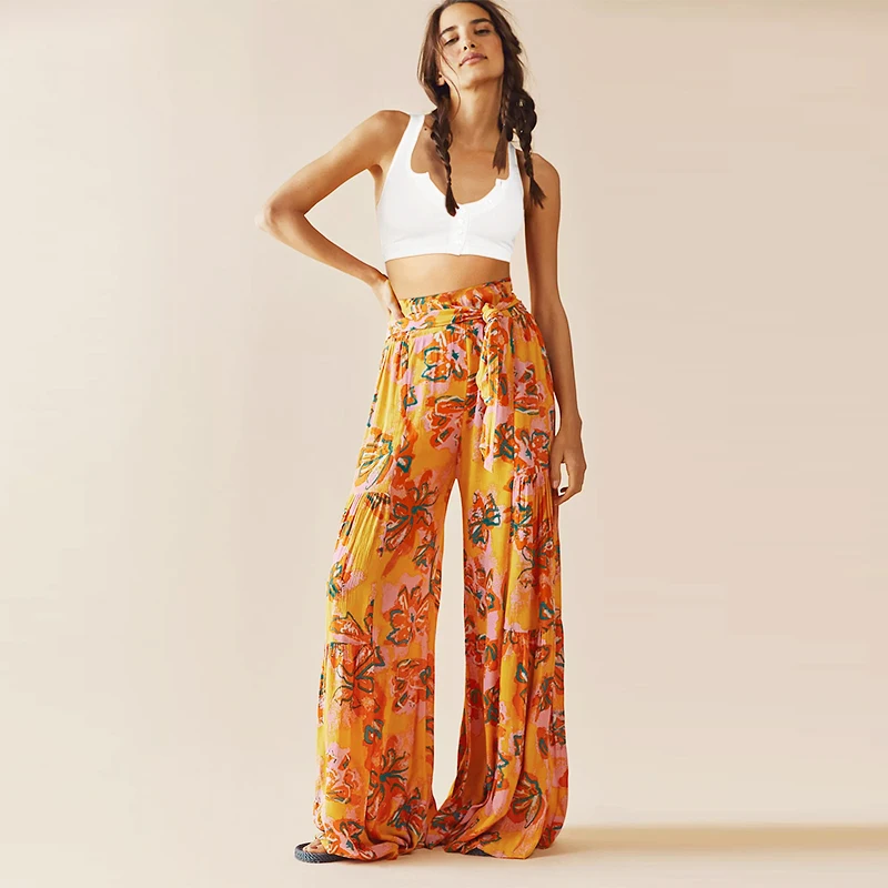 2022Summer New Digital Print Women Loose Casual Beach Full Length Flare LOOSE Drawstring Floral Streetwear Wide-leg Strap Pants