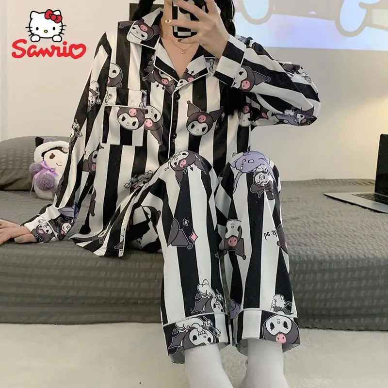 

Новинка 2022 г., пижама Sanrio Hellokitty, Kuromi, понравило, шелковая пижама, кавайная Домашняя одежда с героями мультфильмов, Cinnamoroll Crayon Shin-Chan Girlsthin