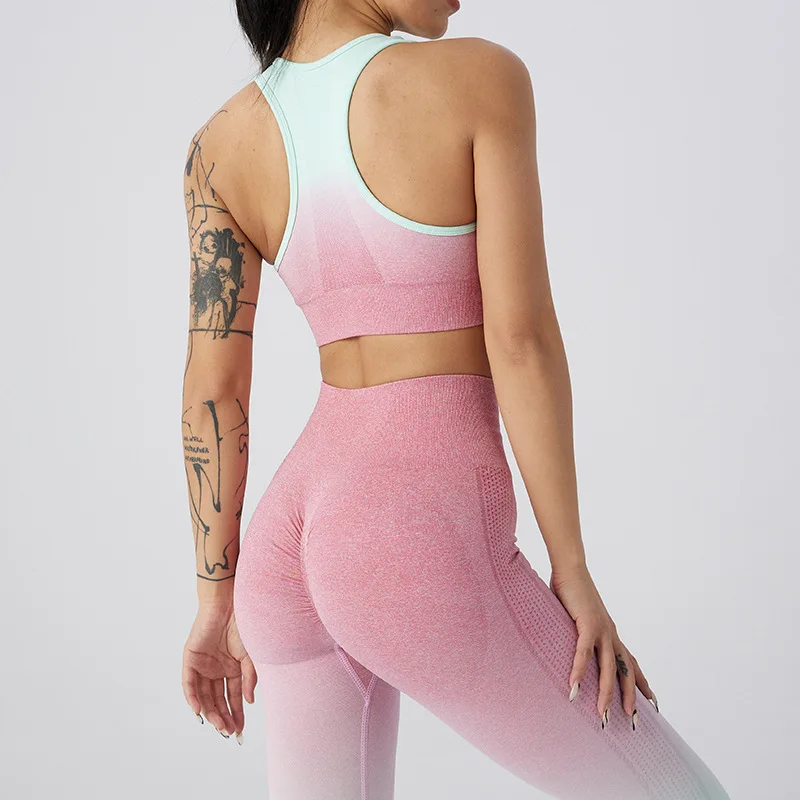2023 Summer Yoga Set Crop Top Women Leggings Workout 2 Piece Outfits Gradient Color Sport Bra Gym Set Fitness Female Tracksuit