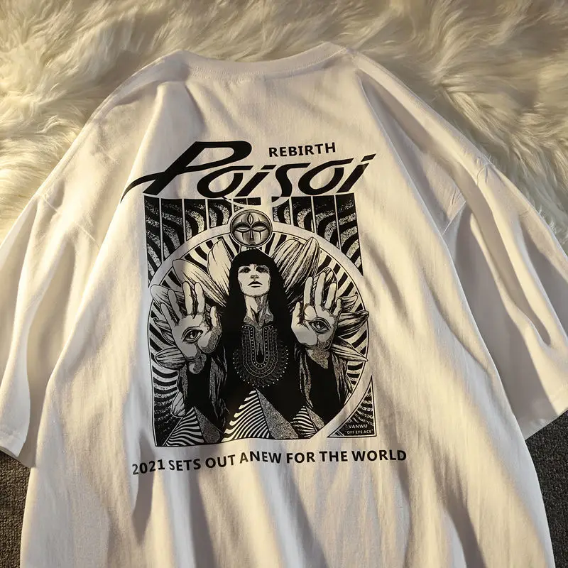 

Футболка хлопковая с принтом в стиле ретро, модная Свободная рубашка в стиле Харадзюку, нейтральная уличная одежда в стиле ретро, топ с коротким рукавом