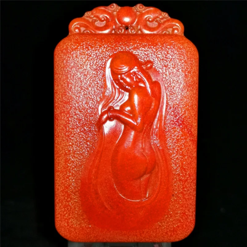 

Chinese Red Hetian Jade Jade Hand Carved Pendant Necklace Statue Naked Beauty