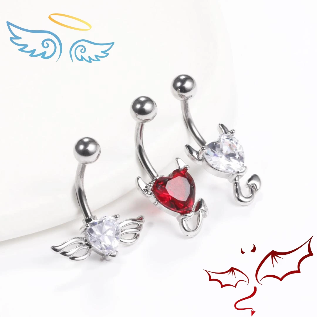 

Кольцо на пупок из нержавеющей стали, пирсинг для тела с декором демон и ангел, дьявол, ювелирное изделие с цирконом, подарок на день рождени...