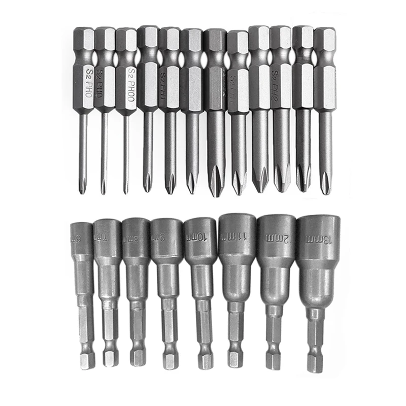 

20Pcs 1/4 Inch Hex Magnetic Nut Driver Socket Set Metric Impact Drill Bits, 12Pcs Phillips Screwdriver Set, 50Mm & 8Pcs 6 To 13M