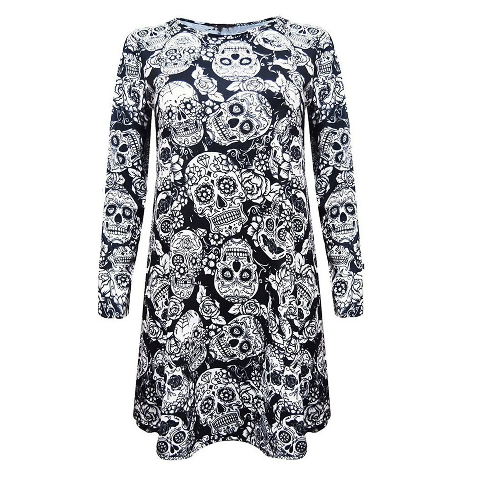 

Women's Halloween Casual Dresses Skull Print Long Sleeve Tee Shirt Dress Loose Fit Casual Costume