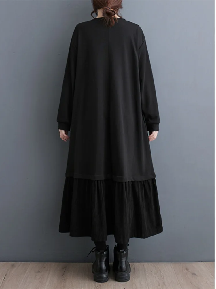 # 3720 осенне-зимнее черное платье-свитшот женское вельветовое платье