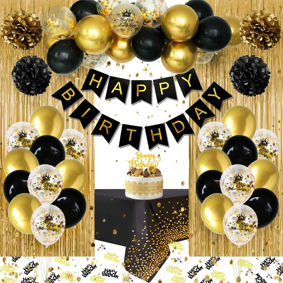 

Black Gold Balloons Birthday Party Decorations Set Birthday Decoration for Women Men Happy Birthday Banner Decorations Paper Pom