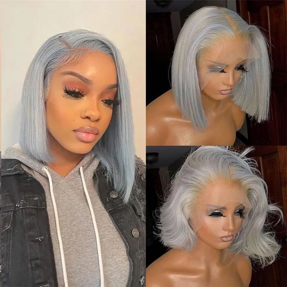 Парик из натуральных волос на сетке 13x4 серая серебристая