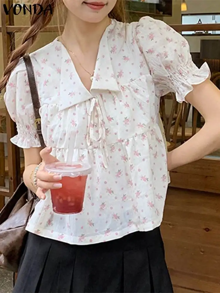 

VONDA Women Tunic Blouse 2023 Summer Tops Elegant Floral Printed Blusas Femininas Bohemian Short Sleeve Lapel Casual Loose Shirt