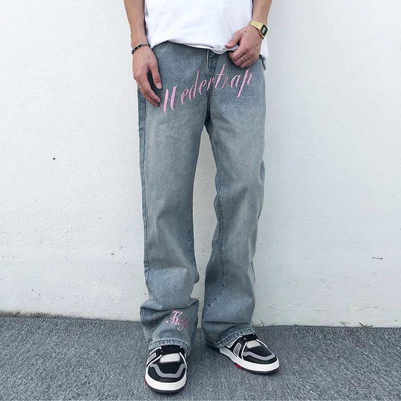 Shinny Pink Letter Embroidery Washed Mens Jeans Pants High Street Oversize Straight Casual Denim Trousers Baggy Retro Jean Pants