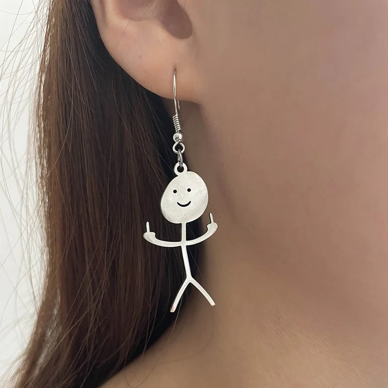 Titanium Steel Fuxk You Doodle Earrings for Women Funny Punk Middle Finger Stickman Hip Hop Dangle Earring Cool Jewelry Gift