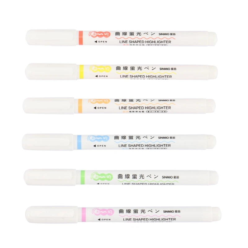 

SINMIO 6Pcs Quick-Drying Colorful Curve Highlighters Cute Pattern Hand Account Fluorescent Pen Creative Markers Stationery