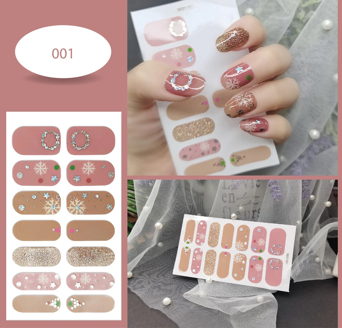 

14Pcs/Set Nail Stickers Full Cover Korea Japanese Style Design Nail Polish Strips Rhinestone Glitter Lightweight And Easy To Use