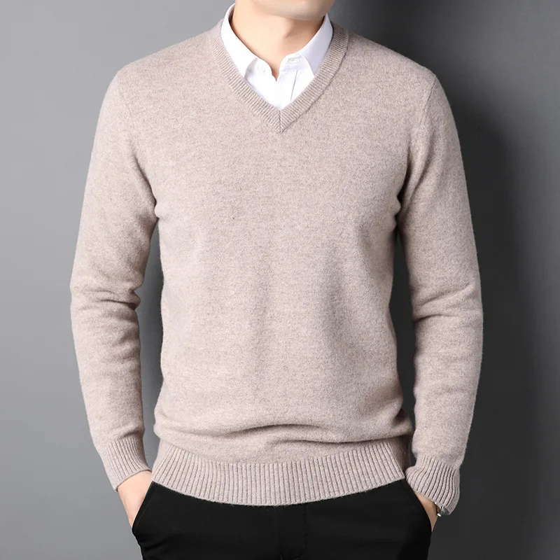 Autumn Winter Business Casual All-match Knitted Pullover Cashmere Cotton Blend Classic V-Neck Loose Casual Sweater Men Pullover