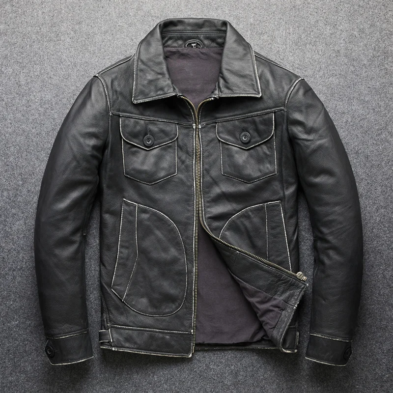 

Кожаная куртка GU.SEEMIO из натуральной воловьей кожи, тяжелая мотоциклетная кожаная куртка, винтажная классическая мужская Толстая серая курт...