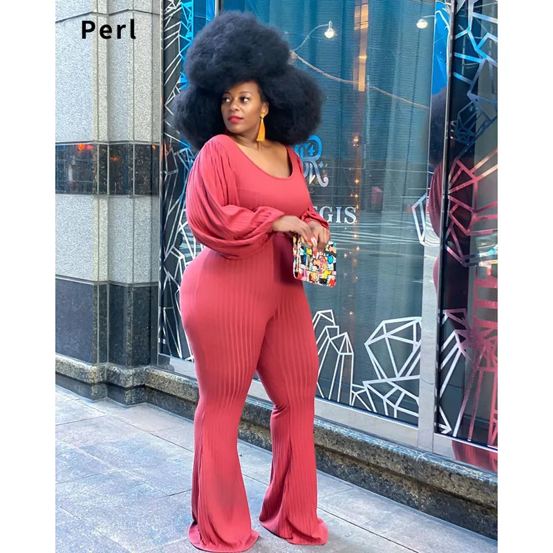 

Perl Solid Color Puff Sleeve Tie Flare Jumpsuit Red Round Neck Rompers Curved Puff Sleeves Overall Plus Size Women's Clothing