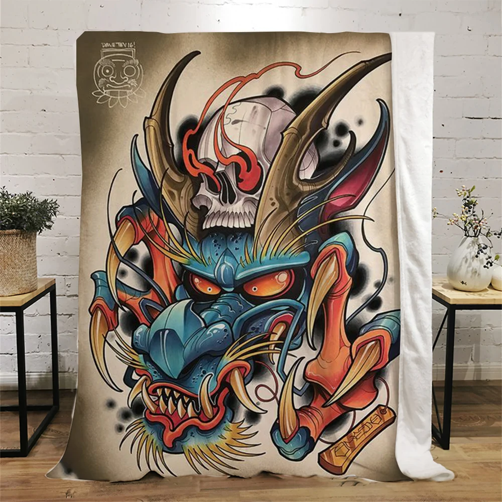 

CLOOCL Prajna Dragon Tattoo Flannel Blanket Japan Traditional Tattoo Pattern 3D Printed Throw Blanket Summer Quilt For Car Sofa