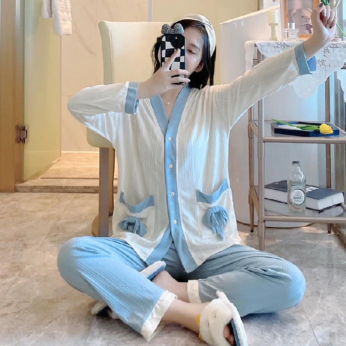 CAIYIER Autumn Winter Cardigan Women Sleepwear V-Neck Long Sleeve Casual Nightwear Girls Soft Feamle Pajamas Set Sleep & Lounge