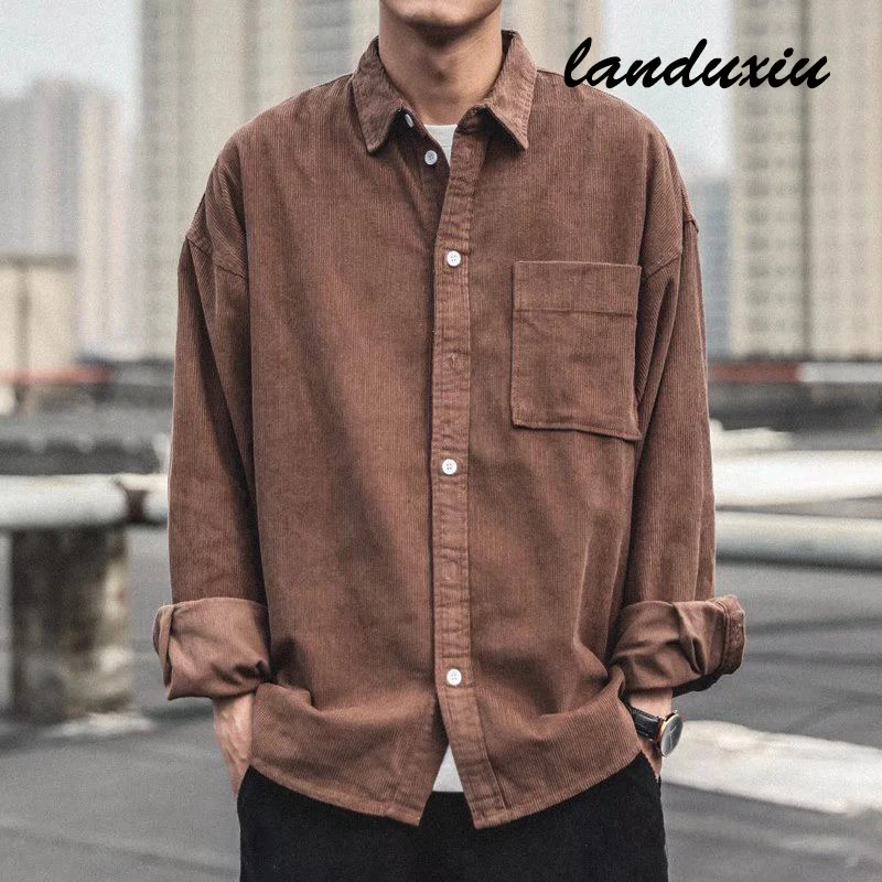 

Corduroy Shirt Men's Fashion Retro Pocket Casual Autumn Korean Loose Long-Sleeved landuxiu