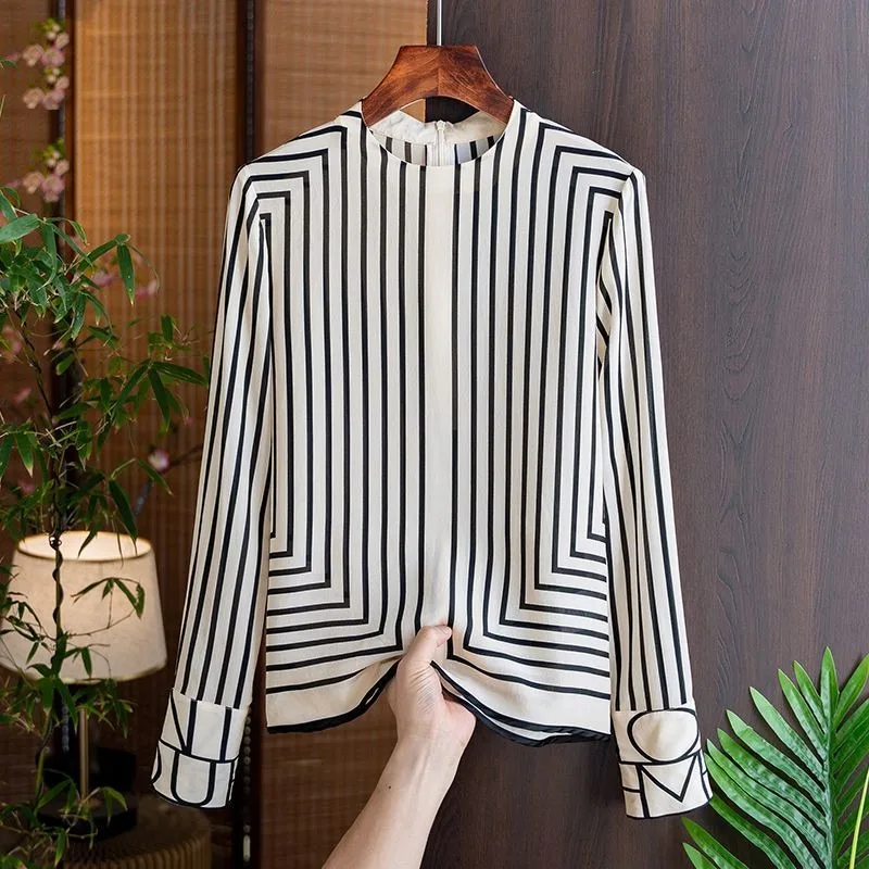 

Autumn French Shirt Fashion Striped O-Neck Long Sleeve Shirt Korean Age-reducing Loose Tops Female Elegant New Blusa 29156