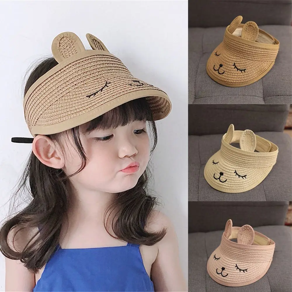 

Lovely Summer Kids Straw Visor Cap Wide Brim Empty Top Hat Adjustable Cute Sunscreen Hat For Baby Child Boys Girls