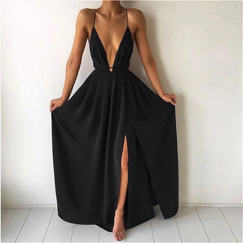 

Summer V-Neck Sleeveless High Waist Long Dress Sling Open Back Women Chiffon Long Dress A-Line Bohemian Party Dress