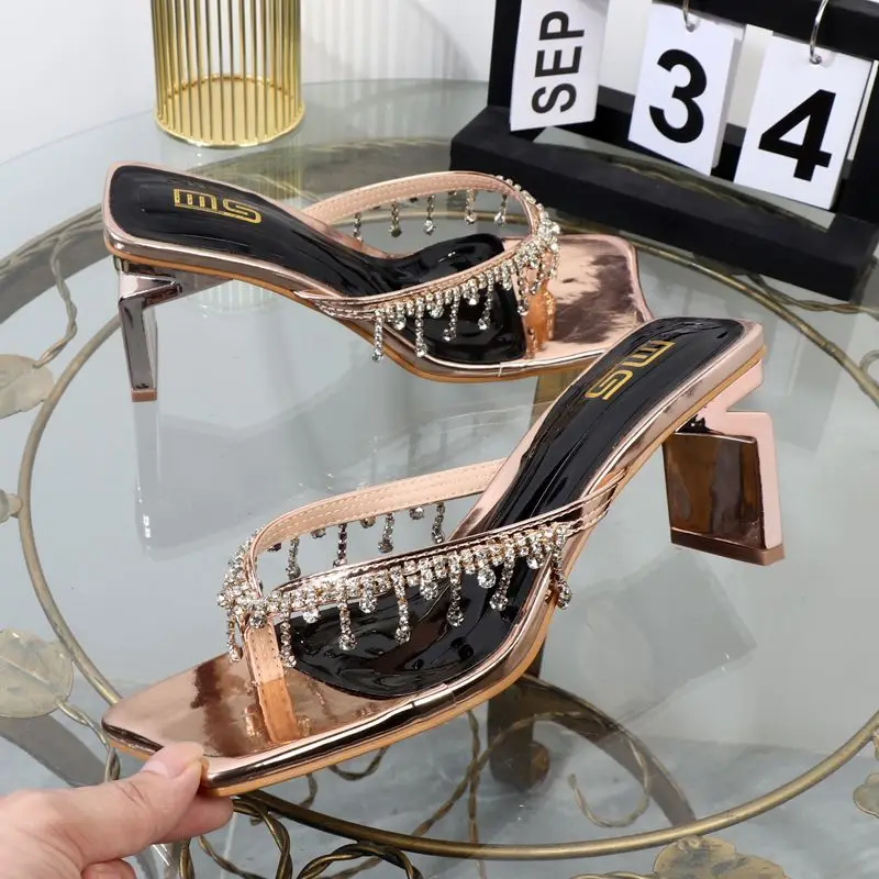 

Luxury Sandals Women High Heels Fashion Flip Flops Clip Toe Rhinestone Chain Fashion Slippers Square Toe Women Shoes 2023 New
