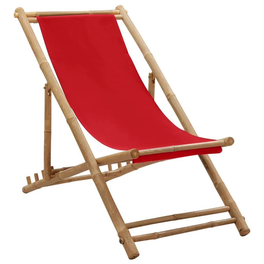 

Deck Chair, Bamboo and Canvas Outdoor Seat Chair, Patio Furniture Red 60 x (108-123) x (62-93) cm