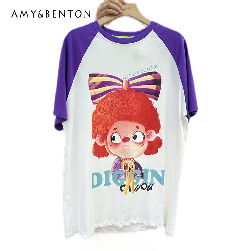 

Cartoon Printed Mid-Length T-shirt In Contrast Color Short Sleeve Women Summer 2023 Loose Pullover Leisure All-Matching Ins Top