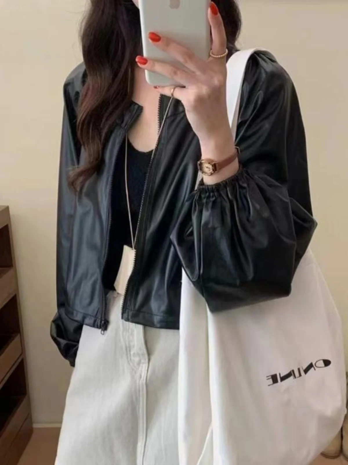 Куртка женская из экокожи с длинным рукавом свободный однобортный Жакет прямого