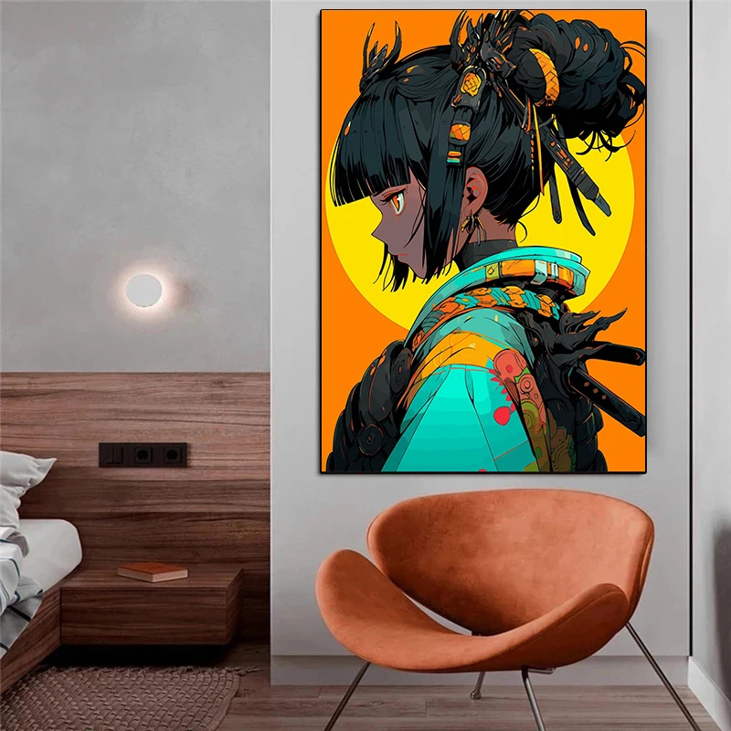 Киберпанк-ниндзя ацтекская девушка портрет многоцветный плакат Самурай будущее