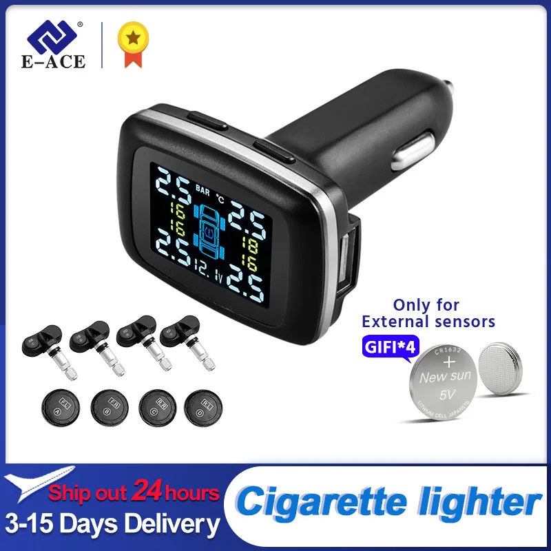 

E-ACE Car TPMS USB Charging Tire Pressure Monitoring System 4 Wheels External Tyre Cigarette Lighter Connect Car Alarm Security
