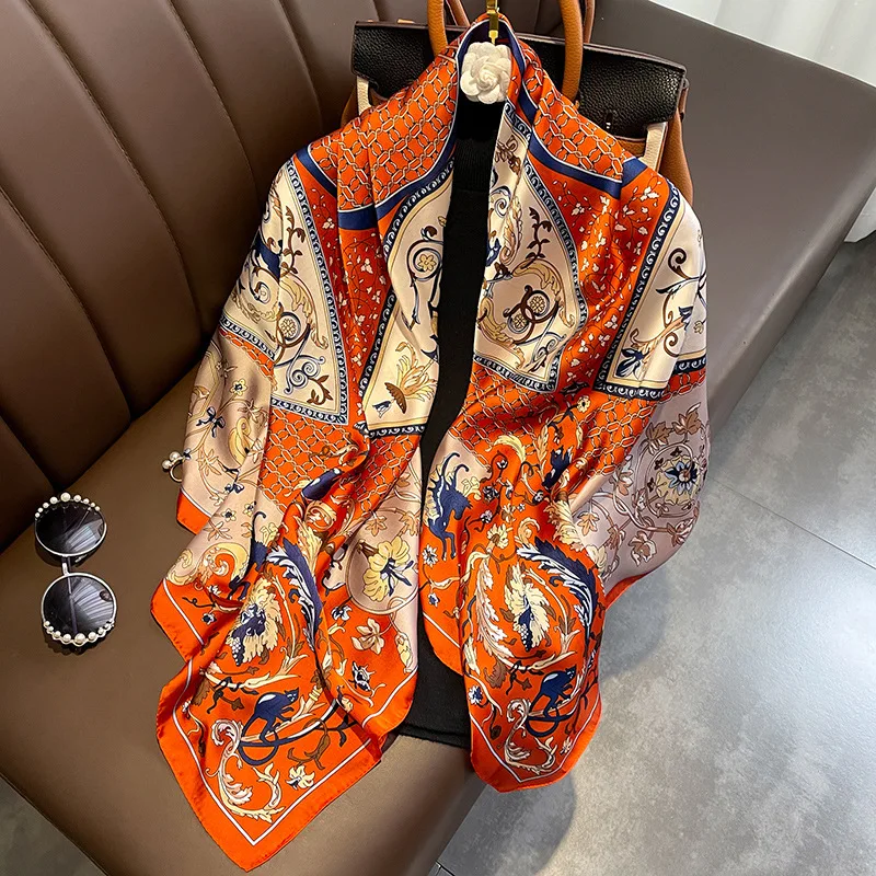 

110cm Fashion Silk Satin Hair Scarf Women Handkerchief Printed Female Square Head Bandana Neck muffler hijab wholesalel 2022