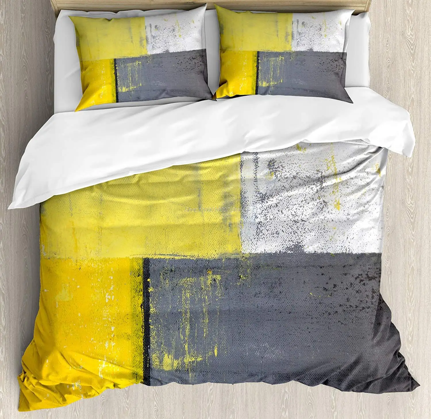 

Grey and Yellow Duvet Cover Set Street Art Modern Grunge Abstract Design Squares Decorative 3 Piece Bedding Set