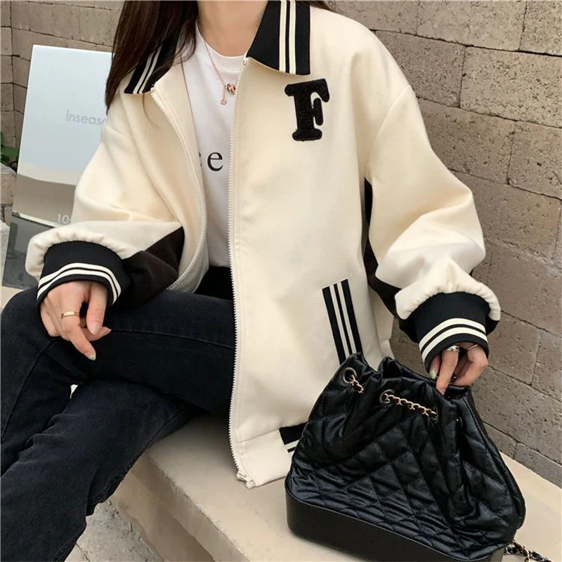 Fashion Women's Letter Print Baseball Uniform Loose Casual Long Sleeve Fleece Thermal Jacket Versatile Winter Outerwear 2022 New