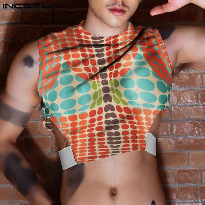 

Men Tank Tops Polka Dot Printing O-neck Sleeveless Hollow Out 2023 Sexy Male Vests Streetwear Fashion Crop Tops S-5XL INCERUN