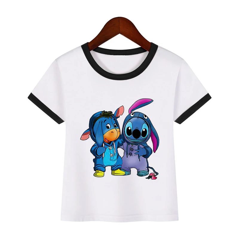

Футболки с коротким рукавом Eeyore and Stitch Friends для девочек и мальчиков, милые топы с графическим принтом персонажа Диснея, футболки для детей