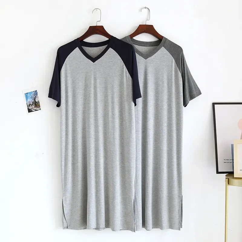 

Plus Nightdress Size One-piece Mid-length Summer V-neck House for Men Thin Robe Stitching Nightgowns Loungewear Loungewear Modal