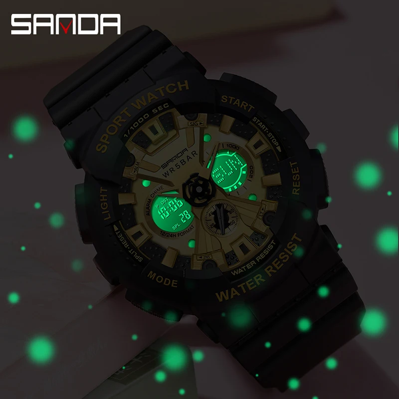 SANDA Luxury Brand Multifunctional Dual Display Women Watch Luminous LED Alarm Timer 50M Waterproof Outdoor Sports Watches 6068