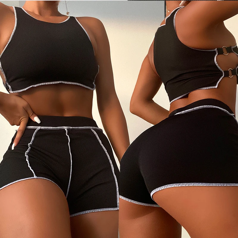 

Solid Sexy Pit Strip Fabric Bikini 2022 Women's High Waist Boxer Pants Swimsuit Summer Beach Bathing Suit Swimwear Vest Biquini